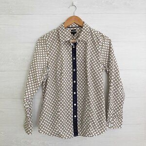 Talbots Petites - Navy gold link print No Iron long sleeve button shirt, 14P